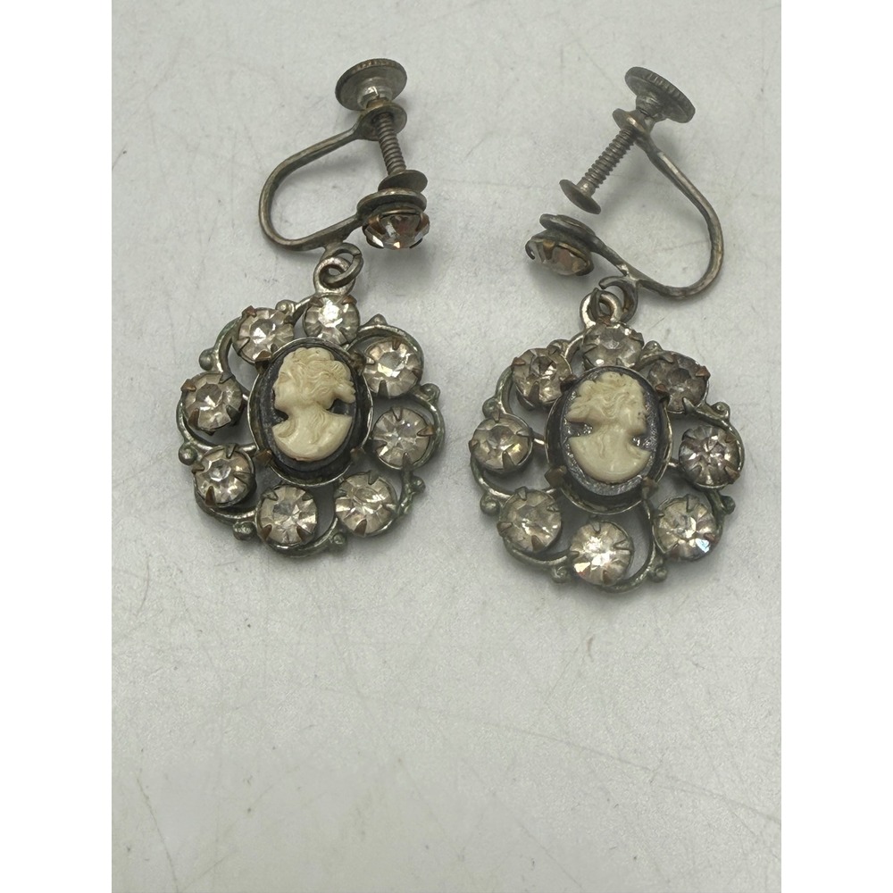 Vintage Cameo Rhinestone Dangle Earrings Screw Back Victorian Style Silver Tone